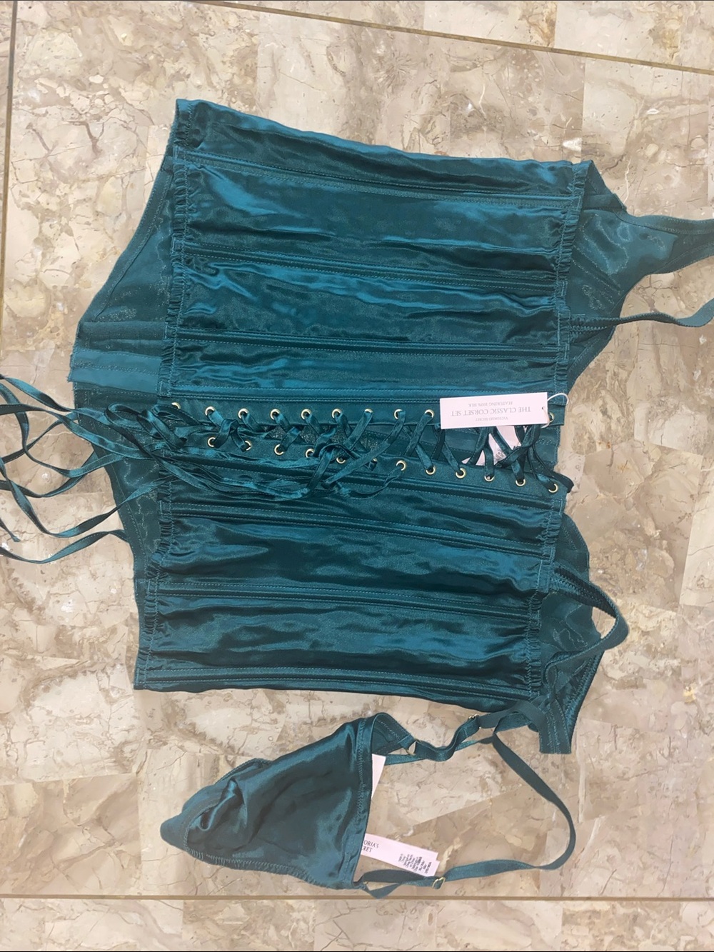 Victoria's Secret Teal Satin Lace-Up Corset with Matching Bikini Top